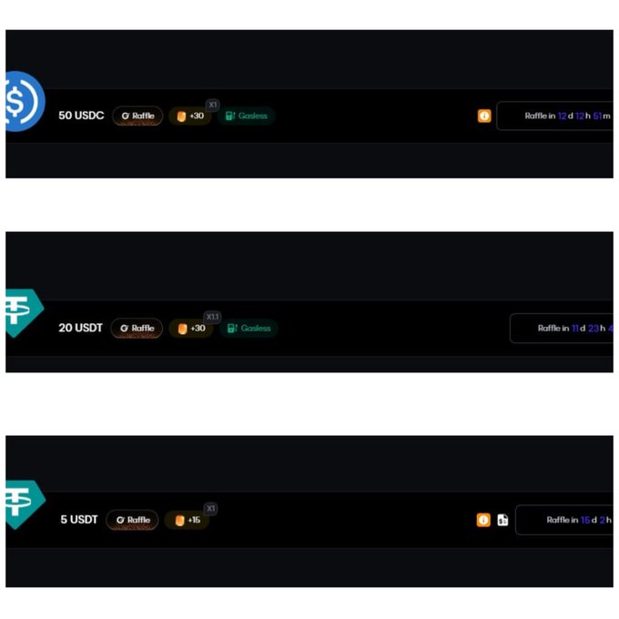 The image shows three crypto campaign reward tiers from Galxe: 50 USDC for the Neutrl Finance referral launch, 20 USDT for the ALPIX Season 2 AI campaign, and 5 USDT, each with a "Raffle" timer counting down.
