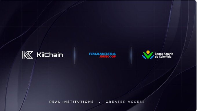 A dark graphic displaying three logos: 'KiiChain', 'FINANCIERA JURISCOOP', and 'Banco Agrario de Colombia', with the tagline 'REAL INSTITUTIONS . GREATER ACCESS' at the bottom.