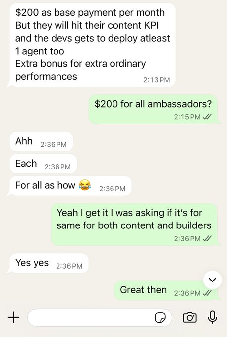 A WhatsApp exchange confirms a $200 monthly base payment for both content writers and AI agent developers, plus potential bonuses for hitting KPIs and deploying agents, which directly backs up the post's pitch for a paid ambassador program open to those roles.