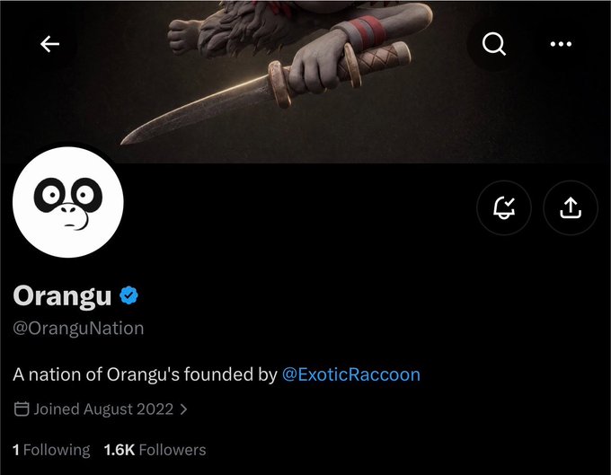 This is a screenshot of the Twitter profile for OranguNation, founded by @ExoticRaccoon, which has 1.6K followers. The image aligns with the accompanying post, which introduces OranguNation as a project the author is closely watching.