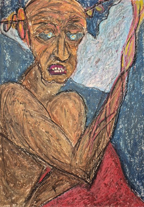 The image features a painting of an orange-headed man with a red shirt holding a paintbrush. The painting appears to be done using oil pastels, as indicated by the text "GM people" at the bottom left corner. The artist's signature is also present in the lower right corner.