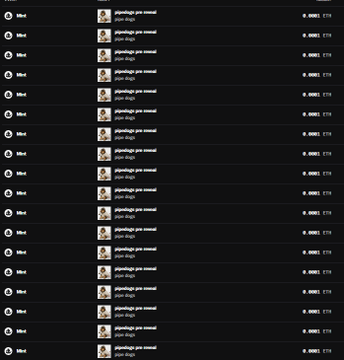 Dark interface screenshot showing a long repetitive list of NFT mintings, each labeled 'mintship pre-mint' with a price of 0.9982 ETH.