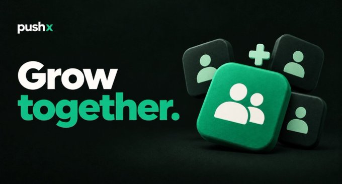 A promotional graphic for 'push x' features the slogan 'Grow together.' in white and green text next to stylized green and black user-group icons on a dark background.