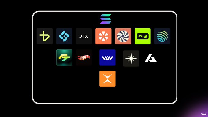 A display of various cryptocurrency and app logos, including what appears to be Solana at the top, along with logos resembling JTX, Blast, and others on a dark background.