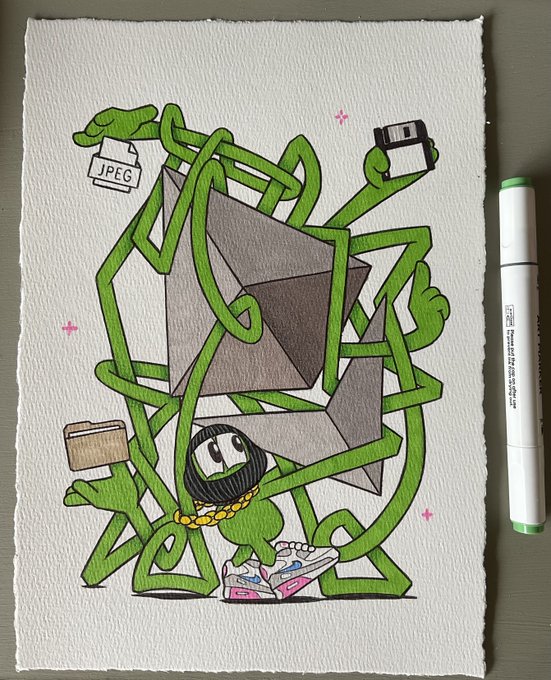 A hand-drawn illustration in green and gray ink on watercolor paper showing a tangled character holding a JPEG file icon and a floppy disk, with a Copic marker resting beside it.