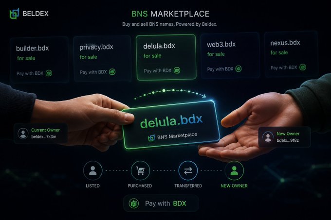 The BNS Marketplace by Beldex, highlighting the sale of 'delula.bdx' with an illustration of hands exchanging a digital name tag from the current owner to the new owner.