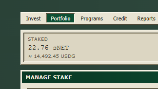A cryptocurrency portfolio screenshot displays a staked balance of 22.76 sNET, valued at approximately 14,492.45 USDG, illustrating the user's modest holdings of the $NET token discussed in their speculative post about reaching a nine-figure treasury valuation.