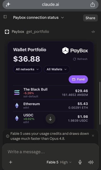 Mobile screenshot of claude.ai displaying a PayBox wallet portfolio showing a total balance of $36.88, including holdings in The Black Bull token (ANSEM), Ethereum (ETH), and USDC.