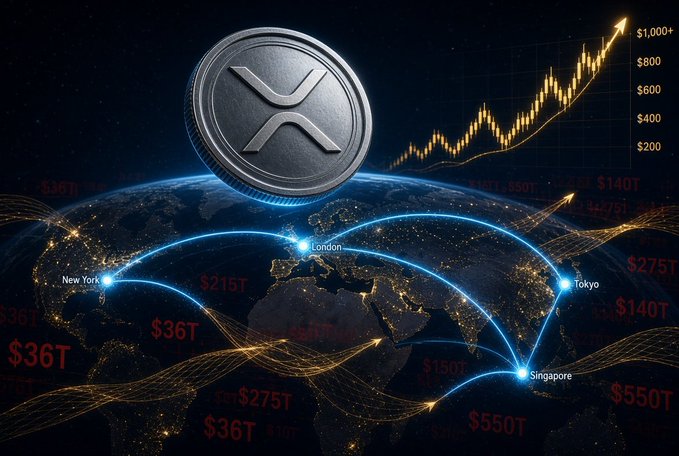 A glowing XRP coin hovers above an Earth at night, framed by an upward-trending price chart peaking past $1,000+, with global financial hubs—New York, London, Tokyo, and Singapore—connected by streams of trillions in unfathomable debt ($36T, $140T, $215T, $275T, $550T) flowing across the world.

The image visualizes the post's thesis that overwhelming global debt—led by the U.S.'s $36 trillion—cannot be repaid and must instead be liquidated, positioning XRP as the high-priced asset needed to absorb that wealth reset.