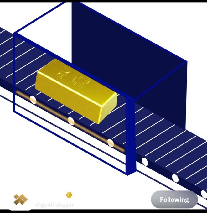 A digital illustration of a gold bar on a blue conveyor belt, with a Twitter handle '@goldfishggbr' and a 'Following' button visible.