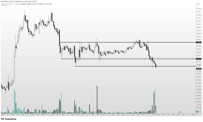 A Bitcoin (BTC/USD) candlestick chart from TradingView showing price action consolidating between approximately $101,800 and $104,800, with volume bars displayed at the bottom. The chart visually supports the post's claim that the current price level remains a key support zone, with recent price action hovering near the lower boundary of the highlighted range—reinforcing the view that holding this area is critical, while a breakdown below would signal further downside.