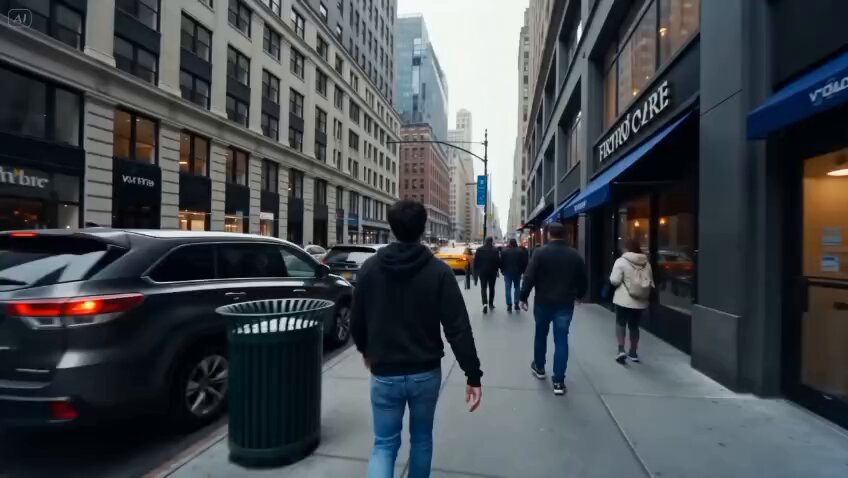 The image shows a man walking down a city street, surrounded by tall buildings. There are several cars parked along the street, including one car that appears to be black. The scene also includes multiple people walking around or standing near the vehicles.