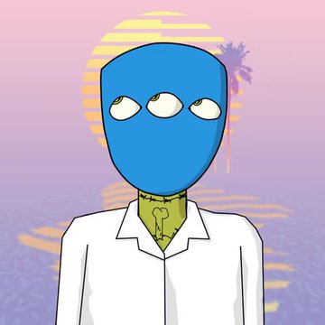A digital illustration of a blue alien-like character with three eyes wearing a white lab coat against a sunset beach background with palm trees.