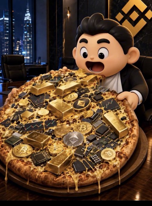 A cartoon character in a suit excitedly dives into an oversized pizza topped with Bitcoin, Ethereum, and gold bars, fitting the post's joke that Binance playfully dropped a "$PIZZA" ticker reference alongside crypto imagery to hype a new meme coin.