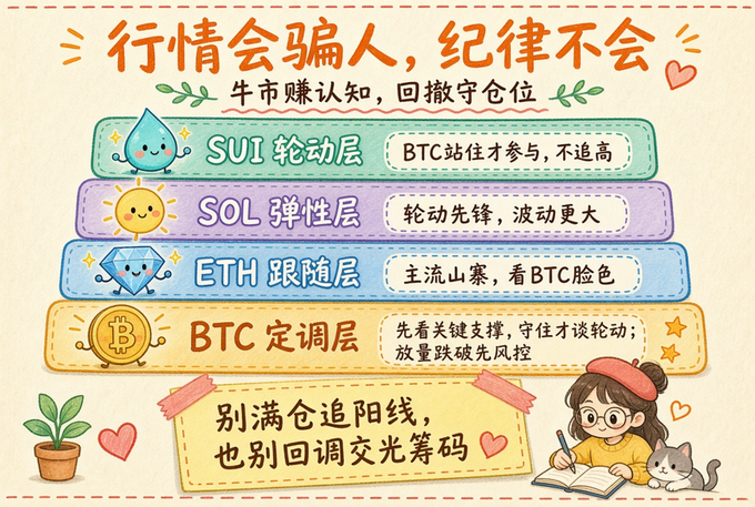 A Chinese-language infographic explains cryptocurrency trading strategy layers, featuring cartoon icons for SUI, SOL, ETH, and BTC with advice on market positioning.
