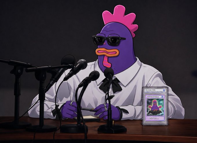 An AI-generated illustration of a purple chicken character wearing sunglasses and a white shirt sitting at a press conference podium with multiple microphones, with a graded card displayed on the desk.
