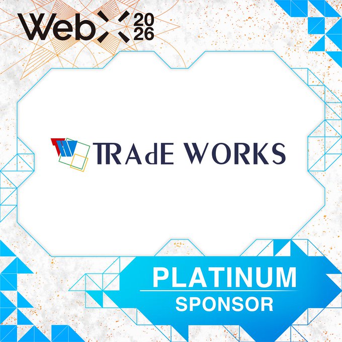 The image is a sponsorship graphic for the WebX 2026 event, featuring the "TRADE WORKS" logo as the "PLATINUM SPONSOR," alongside the WebX 2026 logo and geometric blue design elements. It visually represents the announcement that Trade Works has joined as a platinum sponsor for the WebX 2026 conference taking place July 13-14 in Tokyo.