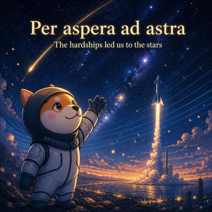 An adorable cartoon Shiba Inu in an astronaut suit waves toward a rocket launching into a starry sky, with the text "Per aspera ad astra — The hardships led us to the stars." The image visually reinforces the post's theme of embracing difficult journeys to reach the stars, with the mascot heroically reaching toward the cosmos despite the challenges ahead.