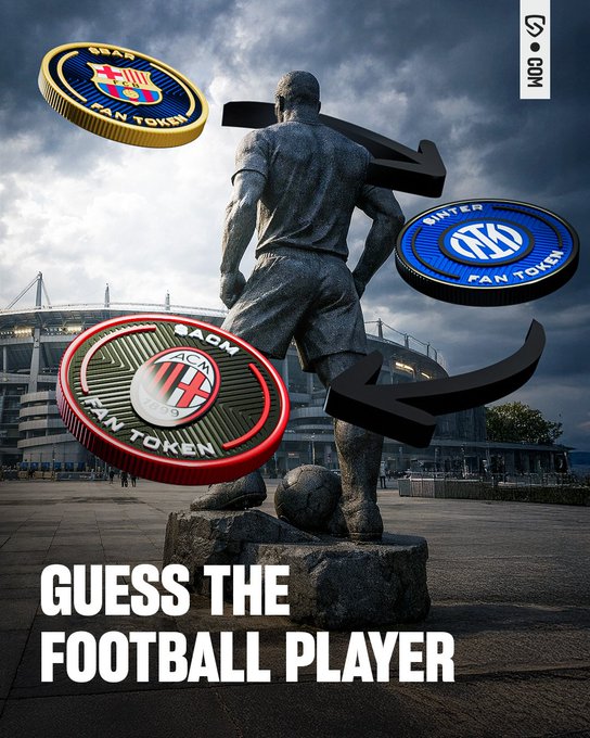 Sports graphic titled "GUESS THE FOOTBALL PLAYER" featuring a statue of a player with arms outstretched, surrounded by FC Barcelona, AC Milan, and Inter Milan fan tokens with arrows indicating transfers between clubs.