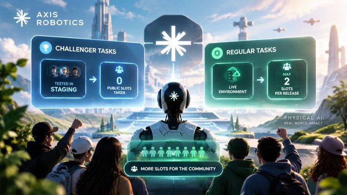 A promotional graphic for 'AXIS ROBOTICS' featuring a humanoid robot with a holographic interface showing 'CHALLENGER TASKS' (0 Public Slots Taken) and 'REGULAR TASKS' (Max 2 Slots Per Release) above a crowd of onlookers, with the tagline 'Physical AI Real World Impact'.
