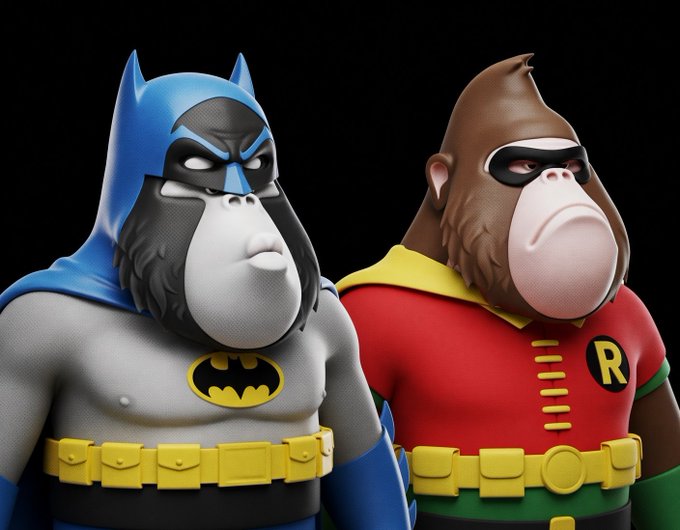Two 3D rendered monkey characters dressed as Batman and Robin, wearing their classic costumes with the Batman logo and an 'R' emblem on Robin's chest.