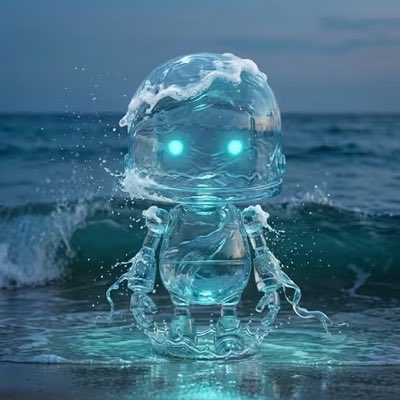 A 3D rendering of a translucent, water-like robot character with glowing blue eyes sitting on a beach as waves crash in the background.