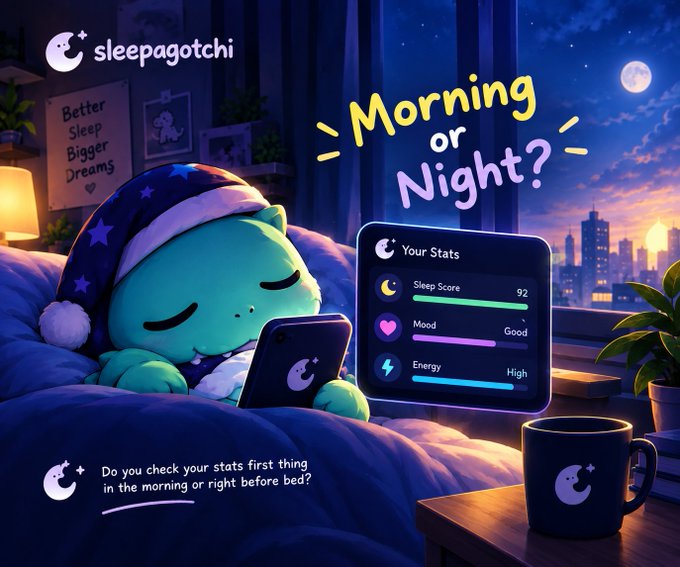 A 'sleepagotchi' promotional image featuring a green character in bed with a sleep cap, showing stats (Sleep Score 92, Mood Good, Energy High) and asking 'Morning or Night?'