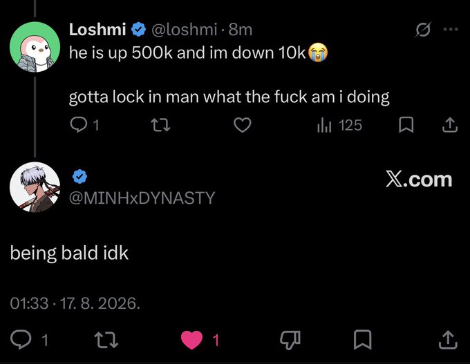 A screenshot of a Twitter/X thread where user @loshmi posts 'he is up 500k and im down 10k' and 'gotta lock in man what the fuck am i doing', followed by @MINHxDYNASTY replying 'being bald idk'.