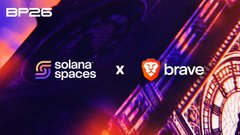 A BP26 event graphic showing a partnership between Solana Spaces and Brave browser with orange and purple design elements.