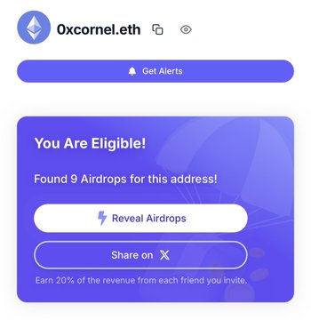 The image shows an airdrop checker interface displaying that the wallet address "0xcornel.eth" is eligible for 9 airdrops, with options to "Reveal Airdrops" or "Share on X." This relates to the post about using basescan.org to discover missing airdrops, specifically highlighting the feature found for a wallet on the Base chain.