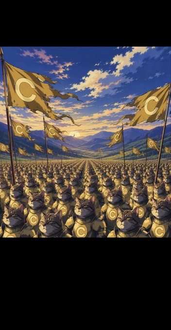 An anime-style illustration depicts a vast army of cats in golden armor standing in formation across a field, holding flags with crescent moon symbols against a dramatic sky with mountains in the background.