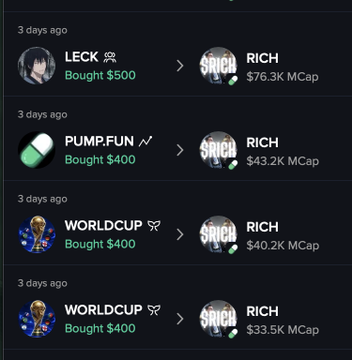 ids of four cryptocurrency transactions, including "Lek", "Rich", and "World Cup"