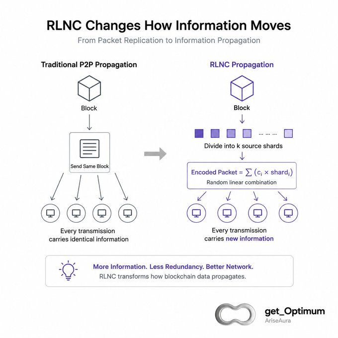 An infographic titled 'RLNC Changes How Information Moves' contrasts Traditional P2P Propagation with RLNC Propagation, explaining how blocks are divided into source shards and combined into encoded packets.