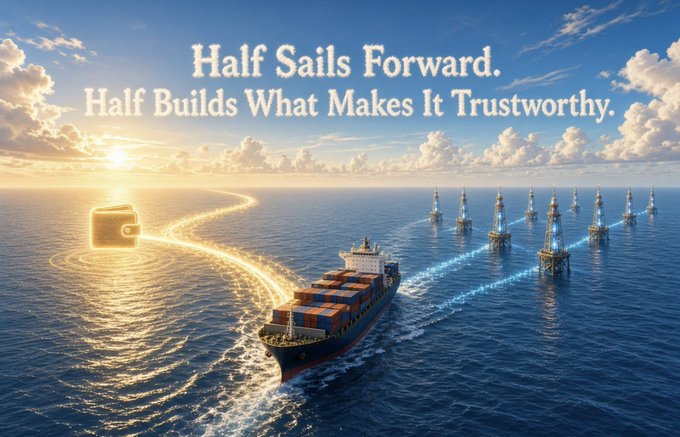 A digital illustration showing a container ship sailing toward the viewer on a sunlit ocean, with the text 'Half Sails Forward. Half Builds What Makes It Trustworthy.' overhead and offshore oil rigs to the right.