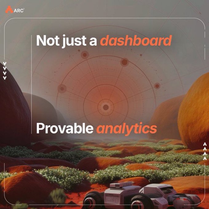 A promotional graphic for ARC features the text 'Not just a dashboard' and 'Provable analytics' overlaid on an orange, alien landscape with a rover-like vehicle.