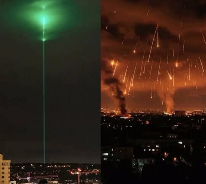 The image is a split scene: on the left, a calm city skyline at night is illuminated by a single green laser beam shooting up into the sky, while on the right, the same skyline is under siege with fiery projectiles raining down and smoke rising from the buildings. 

This perfectly captures the "Crypto after you sell and after you buy" post—the left side shows the calm green gains experienced right after selling at the top, while the right side depicts the chaotic red inferno of losses that follow when FOMO drives a buy back in at the peak.