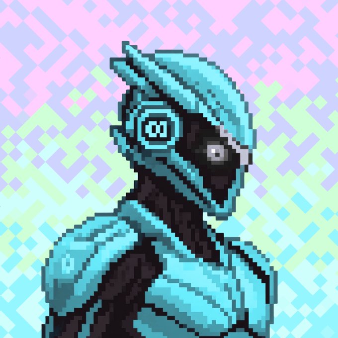 A pixel art image featuring a turquoise and black humanoid robot or cyborg character with glowing circular eye/sensor details, set against a vibrant pink and green crosshatch background. The futuristic digital artwork serves as promotional visual for a Duo NFTs giveaway space event on Twitter.