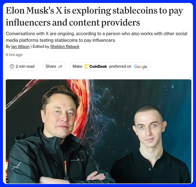 A CoinDesk news article headline reading "Elon Musk's X is exploring stablecoins to pay influencers and content providers," featuring photos of Elon Musk and another individual against a cosmic background.