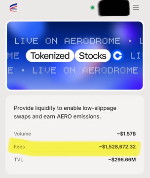 A mobile screenshot shows Aerodrome's "Live on Aerodrome" tokenized stocks landing page, highlighting ~$1.57B volume and ~$1,528,872 in fees. The post suggests that investors focused on raw metrics like volume and token prices may overlook deeper indicators like Aerodrome's $1.5B trading activity and substantial fee generation as signs of true long-term value.