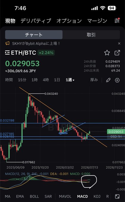 This image shows a Bitcoin trading app displaying a weekly candlestick chart for the ETH/BTC trading pair, with a current price of 0.029053 BTC (≈306,069.66 JPY, +2.24%), featuring a descending yellow trendline and MACD indicator selected at the bottom. The chart illustrates a prolonged bearish downtrend in Ethereum's value against Bitcoin, consistent with a weekly timeframe analysis (1週) showing technical indicators like MACD at -0.001.