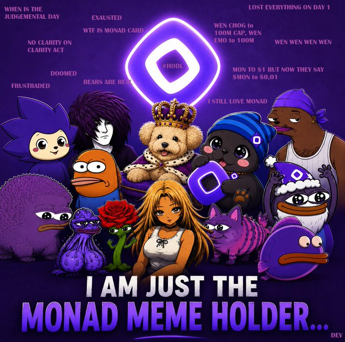 The image features a cartoon illustration of a group of cartoon characters, including a teddy bear, a dog, and other animals such as a frog and an octopus. The text "I am just the Monad Meme Holder..." is written above the illustration. This phrase suggests that the image is related to the concept of memes or meme culture, which has become increasingly popular in recent years. Memes are humorous images, texts, or videos shared online that often reference other content or poke fun at current events and trends. The post seems to be promoting a sense of humor and lightheartedness by using the meme holder title as its theme.