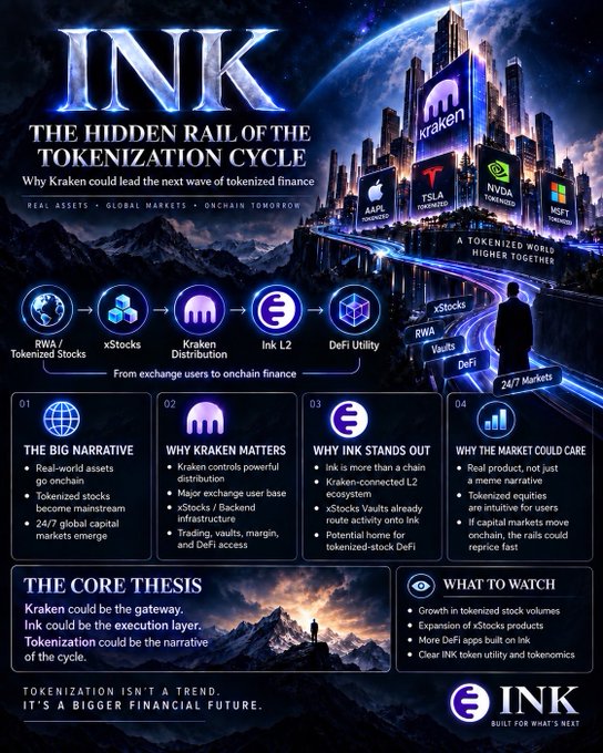 Infographic titled 'INK: THE HIDDEN RAIL OF THE TOKENIZATION CYCLE,' discussing Kraken's role in tokenized finance, RWA/tokenized stocks, and the Ink L2 ecosystem, with logos for Tesla, NVIDIA, and Microsoft.