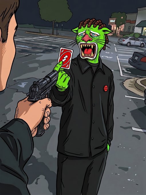 A cartoon illustration of a green-skinned, cat-like humanoid in a black shirt snarling while holding a playing card and pointing a gun at another person in a dimly lit parking lot.