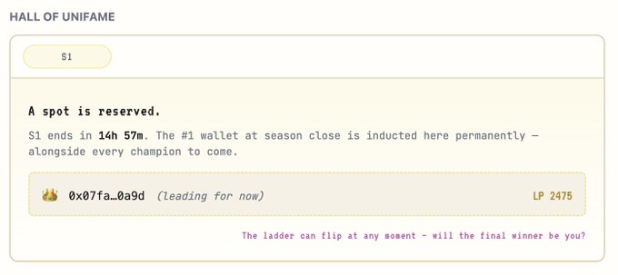 A "Hall of Unifame" leaderboard for Season 1 of @uPEGDuel shows wallet 0x07fa_0a9d currently leading with 2,475 LP, with 14 hours and 57 minutes remaining and the winner's wallet to be permanently inducted. The post declares the poster's intent to defend the top spot and challenge competitors to take the throne.