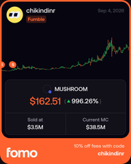 A Fomo app screenshot shows the chikindnr meme token on the Fumbile exchange reaching a price of $162.51, a +996.26% gain, with a sold-at of $3.5M and a current market cap of $38.5M.