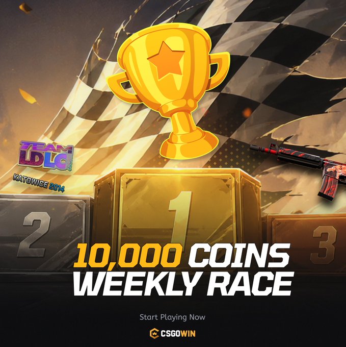 Promotional graphic for a '10,000 COINS WEEKLY RACE' on CSGOWIN, featuring a gold trophy on a winner's podium, checkered flag, an AK-47 skin, and a Team LDLC logo noting 'KATOWICE 2014'.