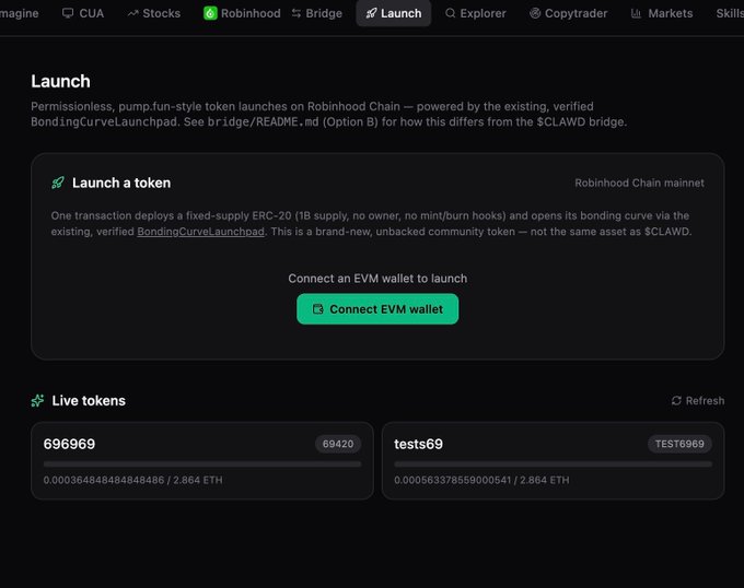 A Robinhood Chain 'Launch' page interface for permissionless token launches, featuring a 'Launch a token' section with a 'Connect EVM wallet' button and 'Live tokens' displaying '696969' and 'tests69'.
