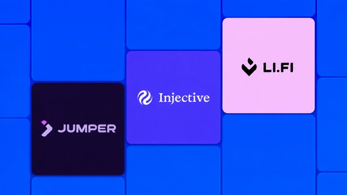 A blue geometric background displays logos for three companies: 'JUMPER', 'Injective', and 'LI.FI'.