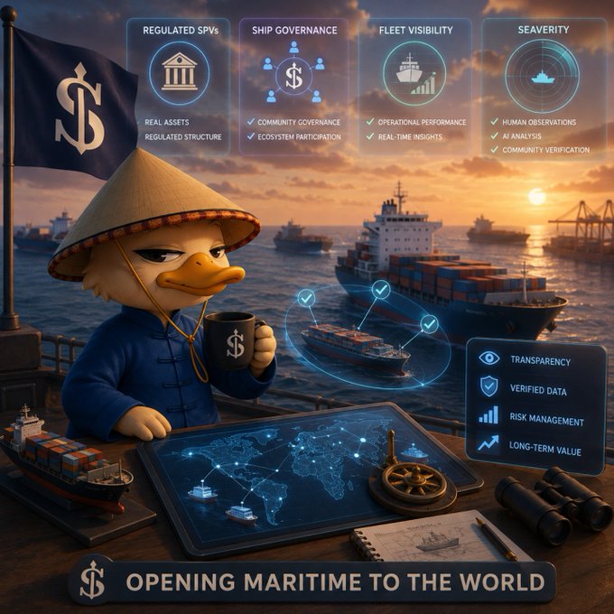 An anthropomorphic duck in traditional Asian attire and a conical hat holds a dollar-sign mug beside a holographic world map tracking shipping routes, with the banner "OPENING MARITIME TO THE WORLD" and highlights including "REGULATED SPVS," "SHIP GOVERNANCE," "FLEET VISIBILITY," and "SEAVERITY."

The image visually reinforces the post's message about transparency in crypto capital by depicting @EthraShip's approach to maritime investment—using on-chain tracking and regulated structures (SPVs, community governance, verified data, risk management) to provide clear visibility into real-world shipping assets, much like a navigator charting a known course rather than sailing blind.