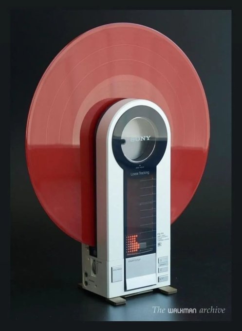 A vintage Sony Linea stereo speaker featuring a distinctive large red circular disc design, displayed against a dark background with "The WALKMAN archive" watermark.